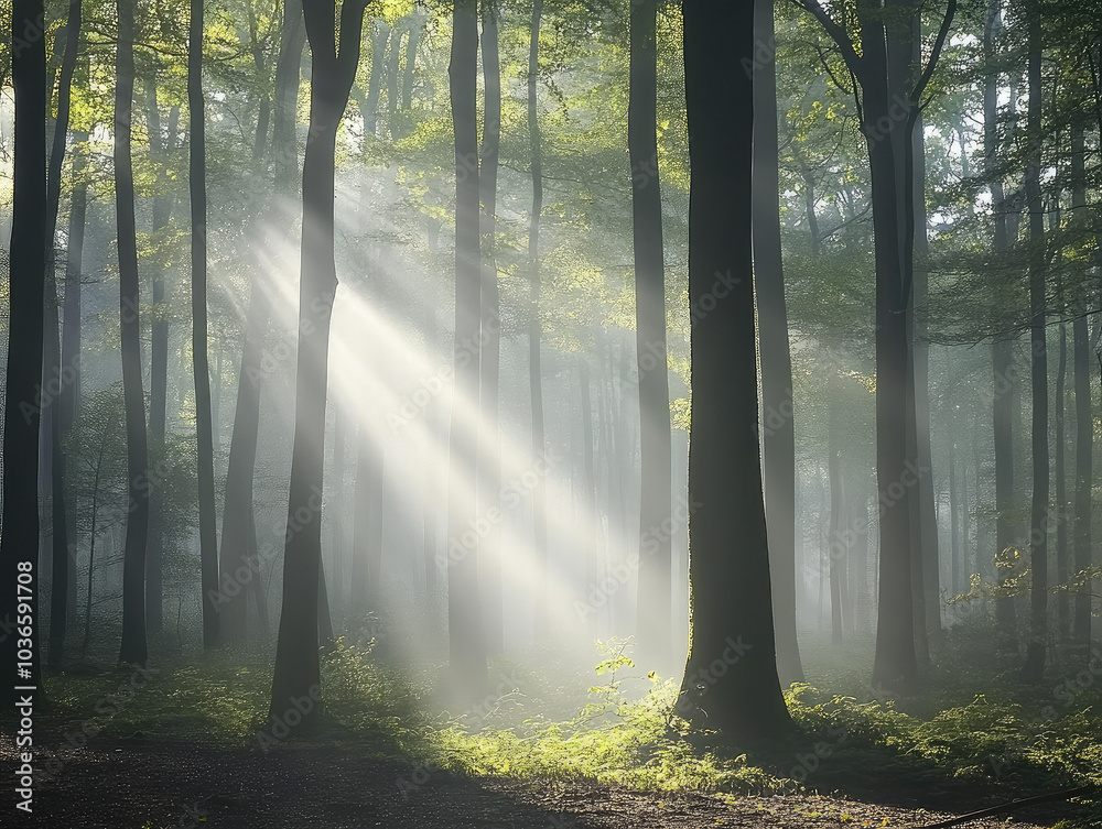 Obraz premium Sunlight Beaming Through Forest Trees