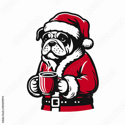 Bulldog in Santa Costume with Hot Chocolate