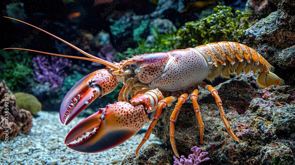 Close-up of a vibrant orange lobster with large claws perched on a rock in an aquarium, surrounded by colorful coral and plants. Close-up of a vibrant orange lobster with large claws perched on a rock in an aquarium, surrounded by colorful coral and plants.