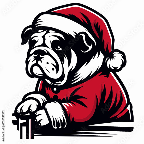 Bulldog in Santa Claus Costume Leaning on Object