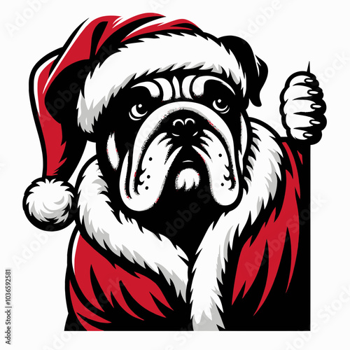 Bulldog in Santa Costume Peeking Behind Decor