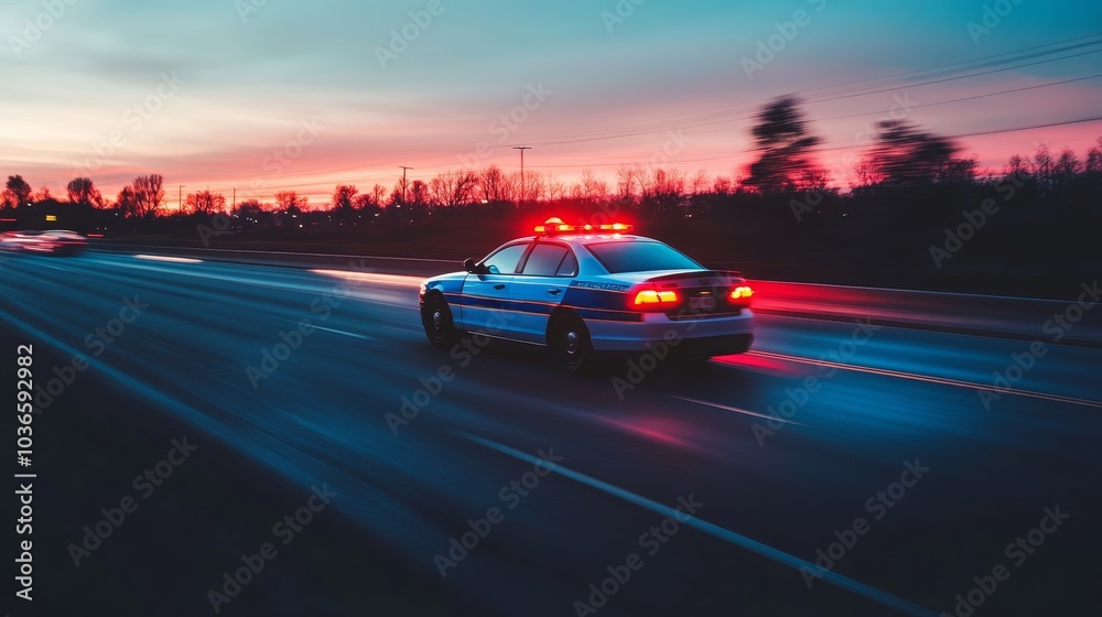 Naklejka premium A police car with flashing lights speeds along a road during a vibrant sunset.