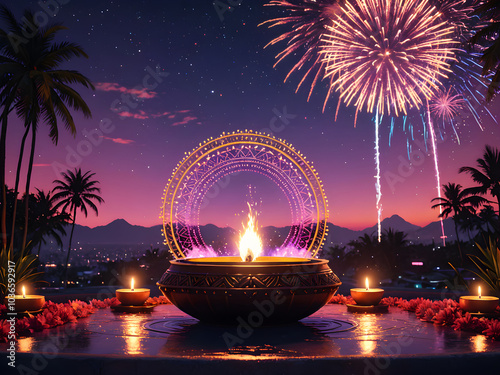 Diwali Festival in India: Celebrating with Diya Lamps, Vibrant Fireworks, and Illuminating Lights. Hindu festival Background. Generative AI photo