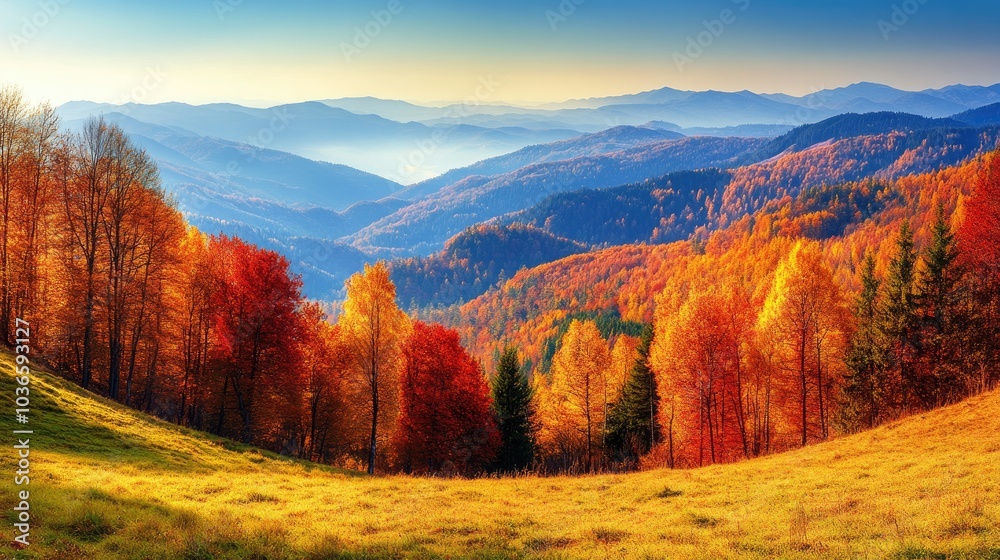 Naklejka premium Autumn Landscape with Vibrant Colors and Rolling Hills