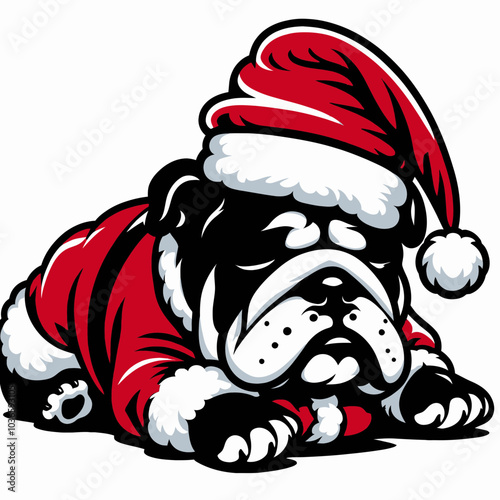 Bulldog in Santa Claus Costume Sleeping Comfortably