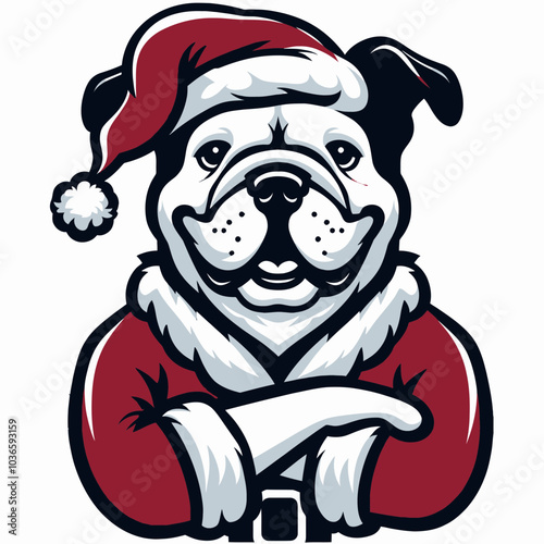 Smiling Bulldog in Santa Claus Costume with Crossed Arms