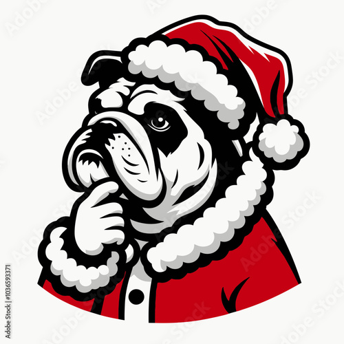 Bulldog in Santa Costume Thinking with Tapped Chin