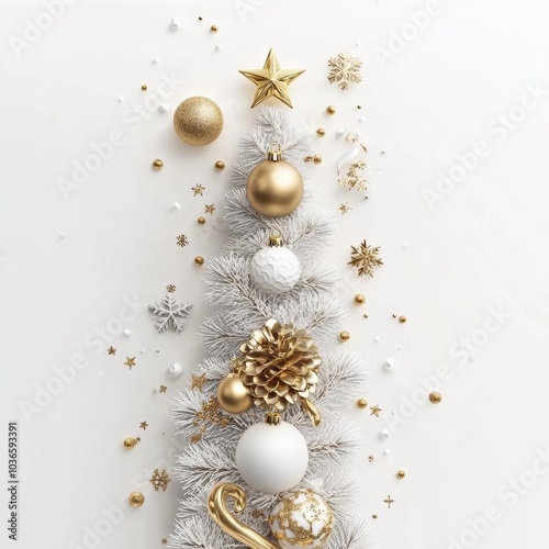 Merry Christmas and Happy New Year Holiday white banner illustration. Xmas design with realistic 3d objects, christmas tree, golden christmass ball, snowflake, glitter gold
