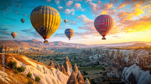 Colorful hot air balloons fly over a landscape of rock formations at sunrise.