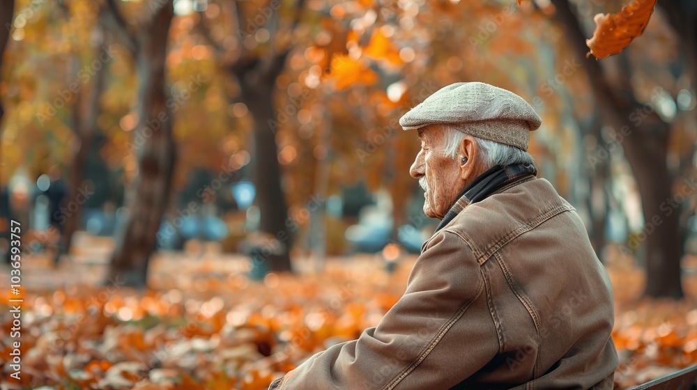 Elderly Man Sitting in Autumn Park Surrounded by Colorful Fallen Leaves on a Tranquil Day Elderly Man Sitting in Autumn Park Surrounded by Colorful Fallen Leaves on a Tranquil Day