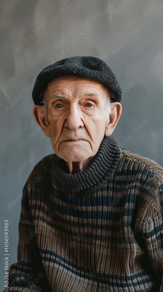 Portrait of Elderly Man in Knit Sweater and Cap Against Neutral Background, Expressive Eyes and Thoughtful Expression Portrait of Elderly Man in Knit Sweater and Cap Against Neutral Background, Expressive Eyes and Thoughtful Expression