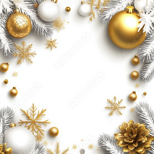 Merry Christmas and Happy New Year Holiday white banner illustration. Xmas design with realistic 3d objects, christmas tree, golden christmass ball, snowflake, glitter gold