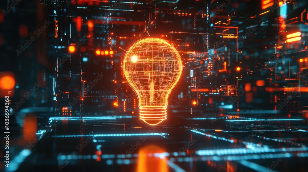 Digital Light Bulb in Futuristic Technology Environment Digital Light Bulb in Futuristic Technology Environment