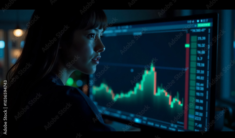 a woman analyzing forex trading graph data on a screen in a dark room with creative lighting a woman analyzing forex trading graph data on a screen in a dark room with creative lighting