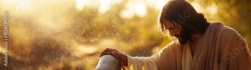 Samaritan Encounter, Jesus Christ meets a Samaritan woman at a well, exploring themes of compassion, acceptance, and spiritual awakening.