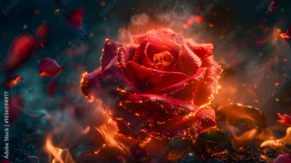 red flaming rose and petals. smoke, ashes, fire, flames, embers, powder, explosion, mist, fog, fantasy, surreal, abstract