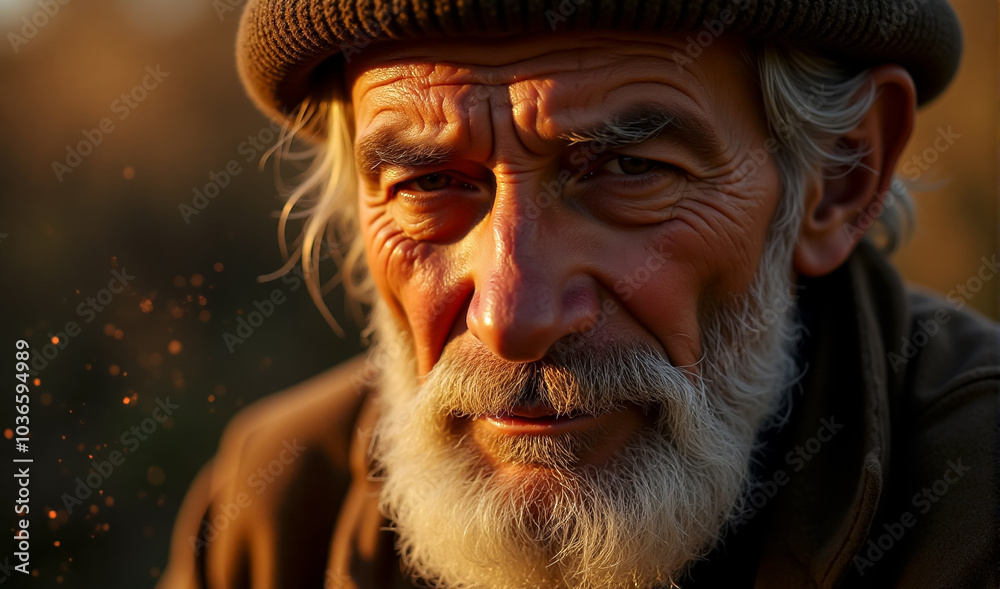 A detailed close-up portrait of an elderly man with a wrinkled face and a long, white beard A detailed close-up portrait of an elderly man with a wrinkled face and a long, white beard