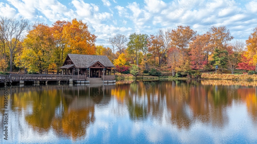 Serene Autumn Scene by the Lake with Colorful Foliage Serene Autumn Scene by the Lake with Colorful Foliage