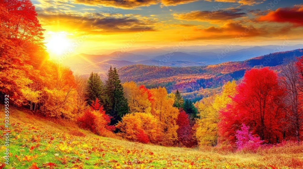 Fototapeta premium Vibrant Autumn Landscape at Sunrise Over Mountains
