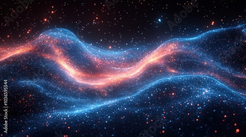 Colorful cosmic waves gently flow across the vast expanse of space, illuminated by distant stars in a stunning visual display