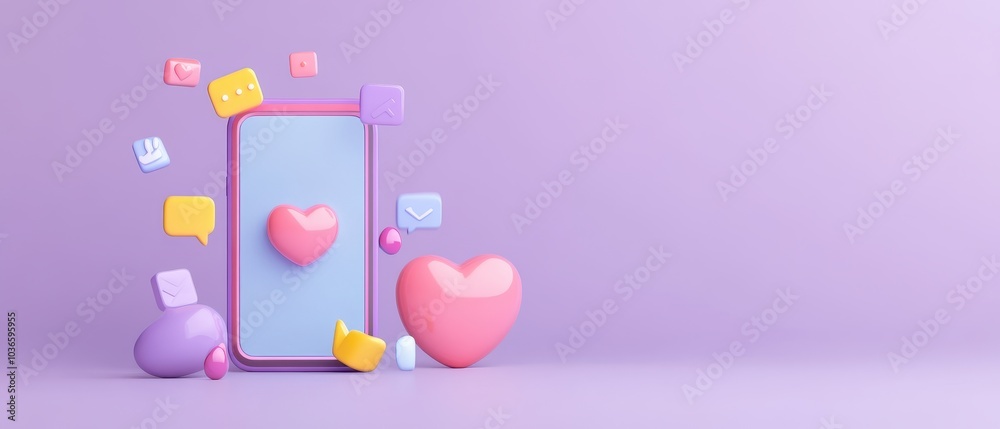 3D mobile phone surrounded by notification icons, vibrant heart symbolizing connectivity and digital interaction in modern life 3D mobile phone surrounded by notification icons, vibrant heart symbolizing connectivity and digital interaction in modern life