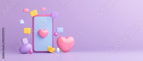 3D mobile phone surrounded by notification icons, vibrant heart symbolizing connectivity and digital interaction in modern life