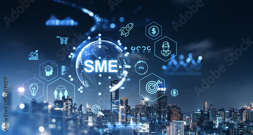 Digital business concept over Bangkok skyline at night.