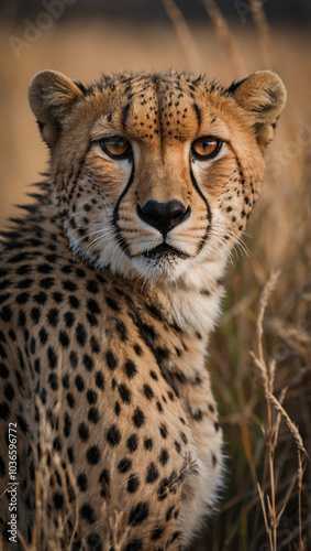 African cheetah making eye contact in african savannah 