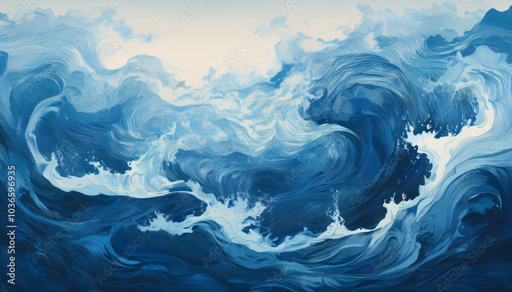 Abstract painting showing ocean waves crashing in a swirling pattern Abstract painting showing ocean waves crashing in a swirling pattern