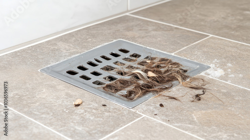 A close-up of a shower drain with a hair trap, showing hair and other debris, emphasizing cleanliness and bathroom maintenance --chaos