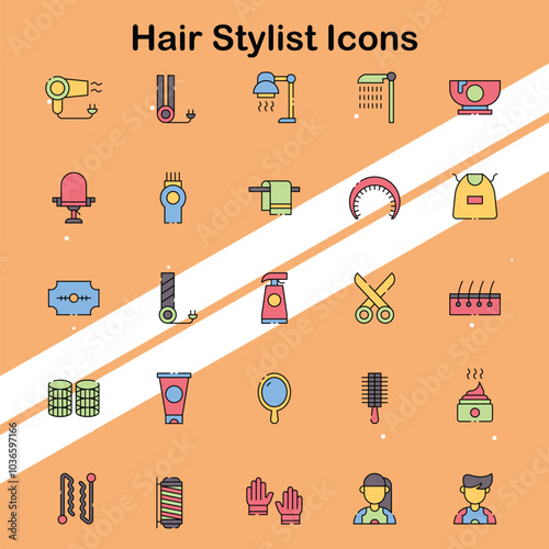 Set of hair stylist icons depicting various hairdressing tools and salon services ideal for beauty and fashion themes.