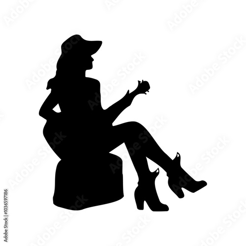 Silhouette of woman playing guitar and singing in country style on transparent background