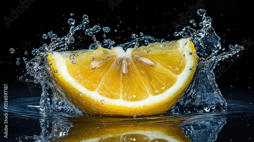 A close-up of a sliced lemon hitting water, with dramatic splashes and droplets frozen in motion, capturing the fruit's vibrant and fresh quality --chaos