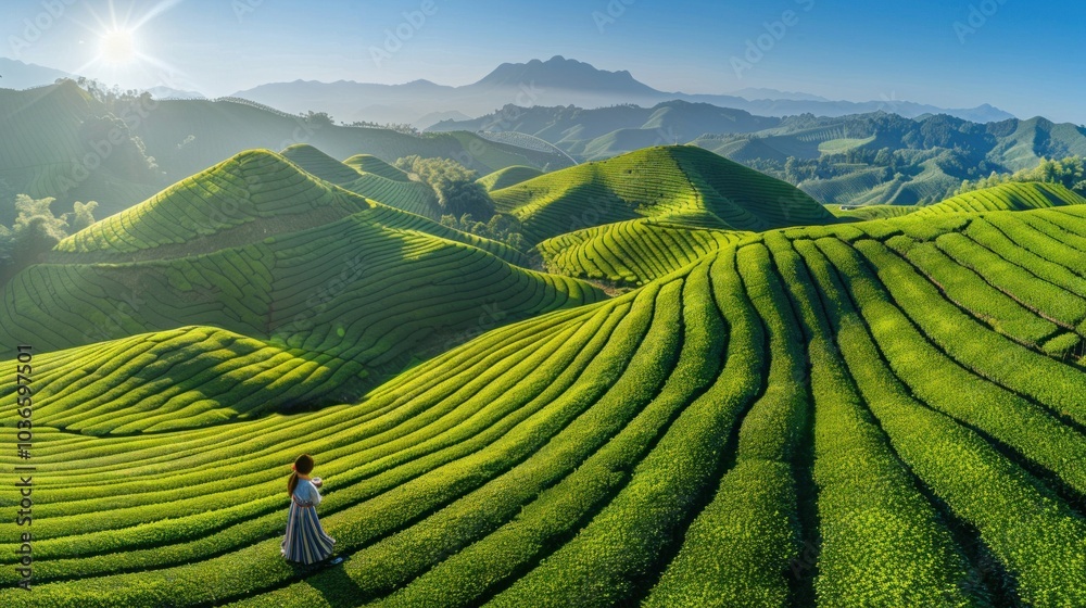 Obraz premium A lone figure in a tea plantation