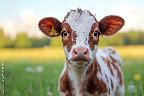 Cute brown and white calf standing on grass in a field photo