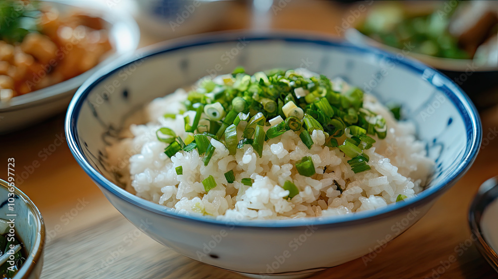 A close-up of fluffy white rice in a porcelain bowl, garnished with chopped green onions, with a blurred background of a dining table. --chaos A close-up of fluffy white rice in a porcelain bowl, garnished with chopped green onions, with a blurred background of a dining table. --chaos
