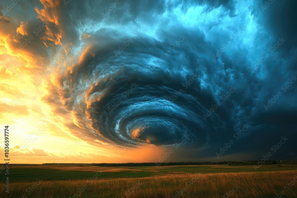 Supercell storm cloud forming over rural landscape at sunset Supercell storm cloud forming over rural landscape at sunset