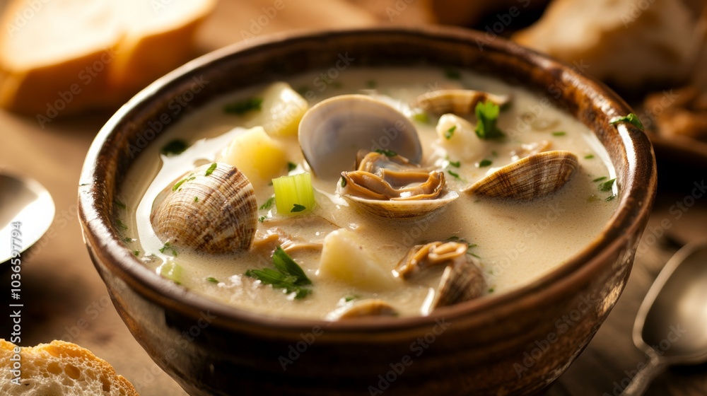 A hearty bowl of clam chowder with tender clams, potatoes, and celery in a creamy broth A hearty bowl of clam chowder with tender clams, potatoes, and celery in a creamy broth