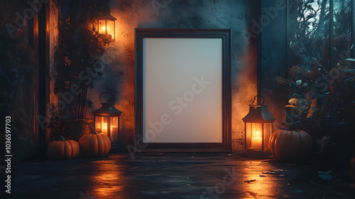 Halloween-Themed Room with Dark Walls and a White Poster – A Spooky and Stylish Space Perfect for Celebrating the Halloween Spirit. The Contrast of Dark and Light Creates a Unique Ambiance for Festivi photo