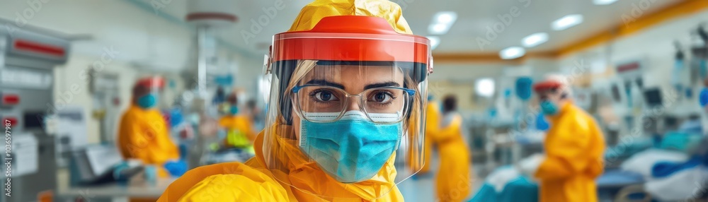 Close-up portrait of a healthcare worker wearing protective gear, including a face mask and shield. Close-up portrait of a healthcare worker wearing protective gear, including a face mask and shield.