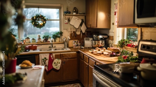 Family holiday baking in well-worn kitchen, natural light, candid joy, authentic atmosphere