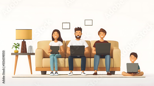 Screen addistion, connected modern family home working and using TV, laptops and smartphones devices sitting in the living room. Parents and children isolated, vector illustration photo