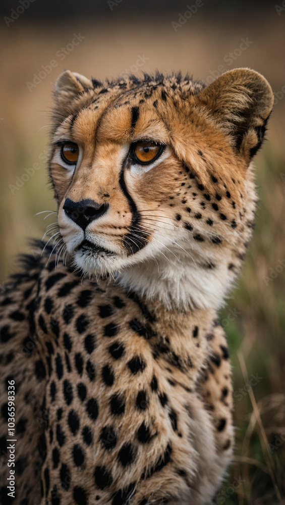 Close up portrait of Cheetah staring into distance in African Safari