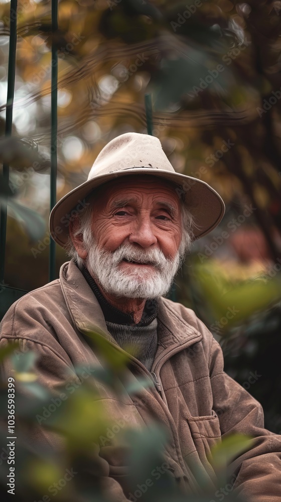 Elderly Man with Hat Smiling in Nature, Surrounded by Greenery and Soft Light, Capturing a Moment of Serenity and Wisdom Elderly Man with Hat Smiling in Nature, Surrounded by Greenery and Soft Light, Capturing a Moment of Serenity and Wisdom
