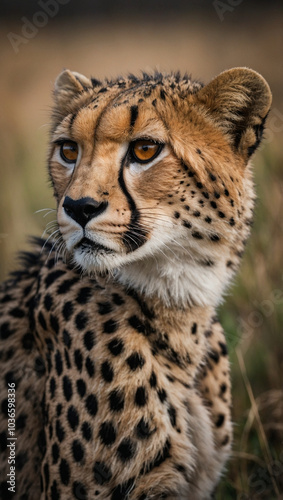 Close up portrait of Cheetah staring into distance in African Safari