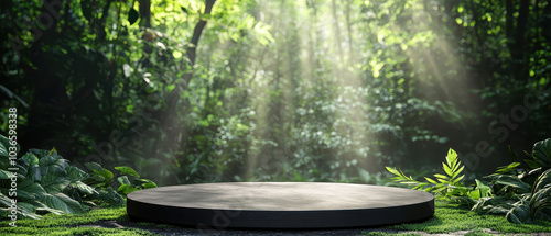A mystical forest setting with a circular platform, illuminated by beams of sunlight filtering through lush greenery.