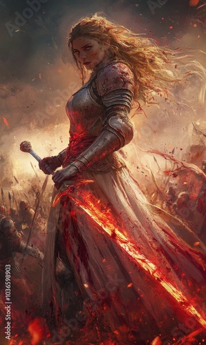 A bloody female warrior stands triumphant. photo