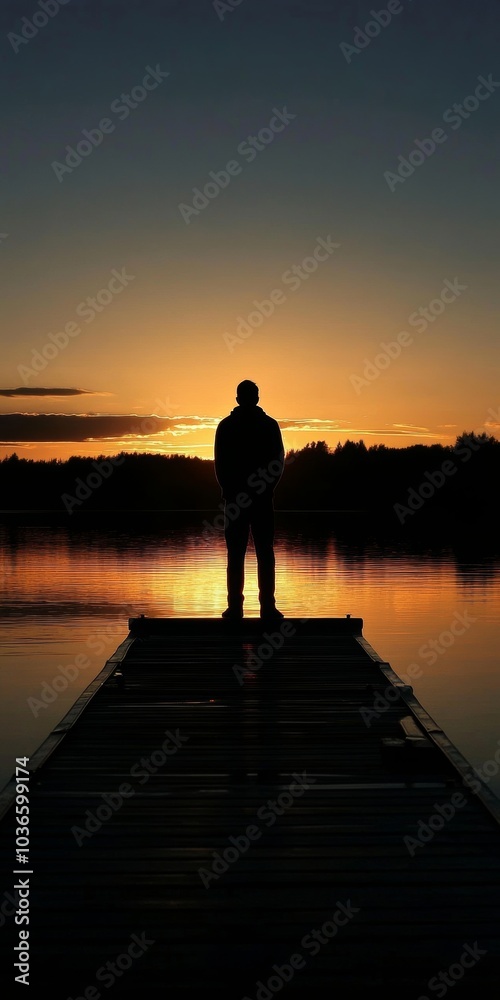Silhouette of a Person Standing on a Dock Overlooking a Tranquil Lake Silhouette of a Person Standing on a Dock Overlooking a Tranquil Lake