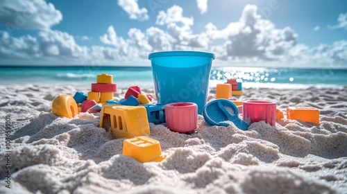 Colorful beach toys scattered on sand under a bright sky.