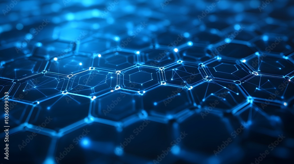Fototapeta premium Abstract Blue Hexagon Pattern with Glowing Lines and Points